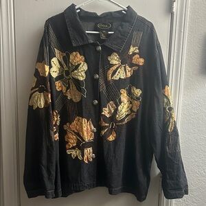 Vintage Black Denim Jacket w/ Gold Floral Embroidery